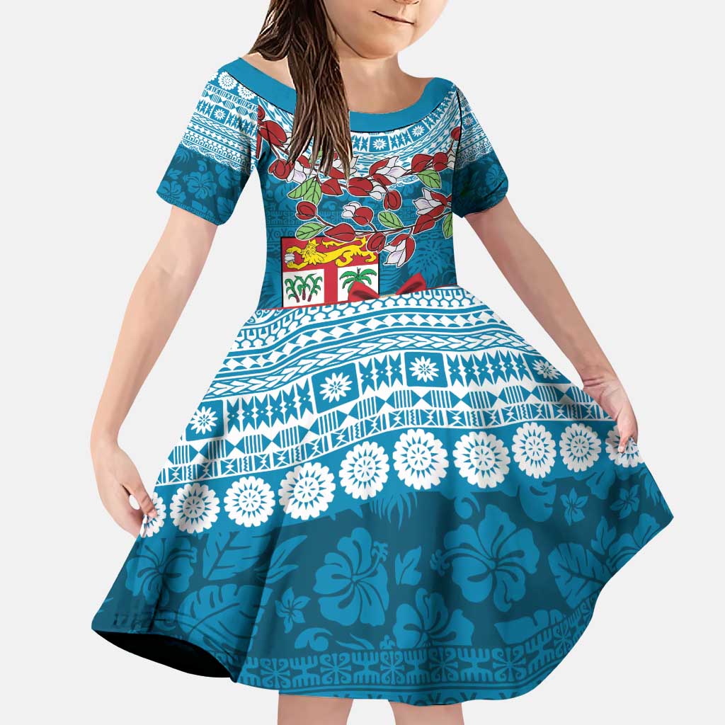 Fijian Tagimoucia Flowers Family Matching Puletasi and Hawaiian Shirt Christmas Coquette bow LT9 Daughter's Dress Blue - Polynesian Pride
