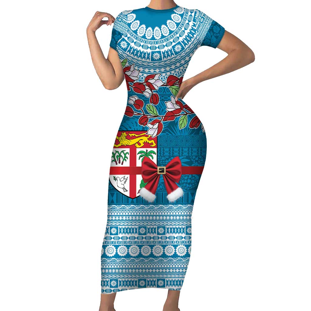 Fijian Tagimoucia Flowers Family Matching Short Sleeve Bodycon Dress and Hawaiian Shirt Christmas Coquette bow LT9 Mom's Dress Blue - Polynesian Pride