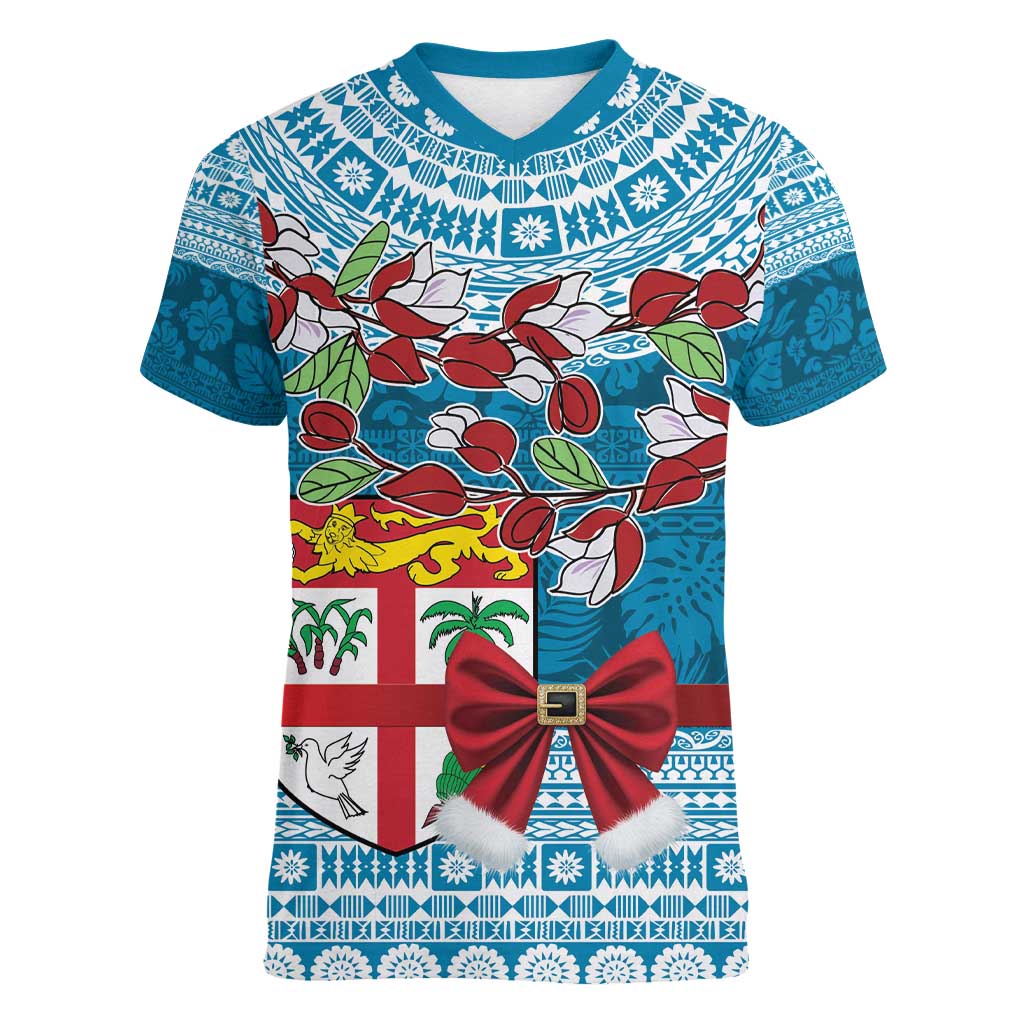 Fijian Tagimoucia Flowers Women V-Neck T-Shirt Christmas Coquette bow LT9 Female Blue - Polynesian Pride