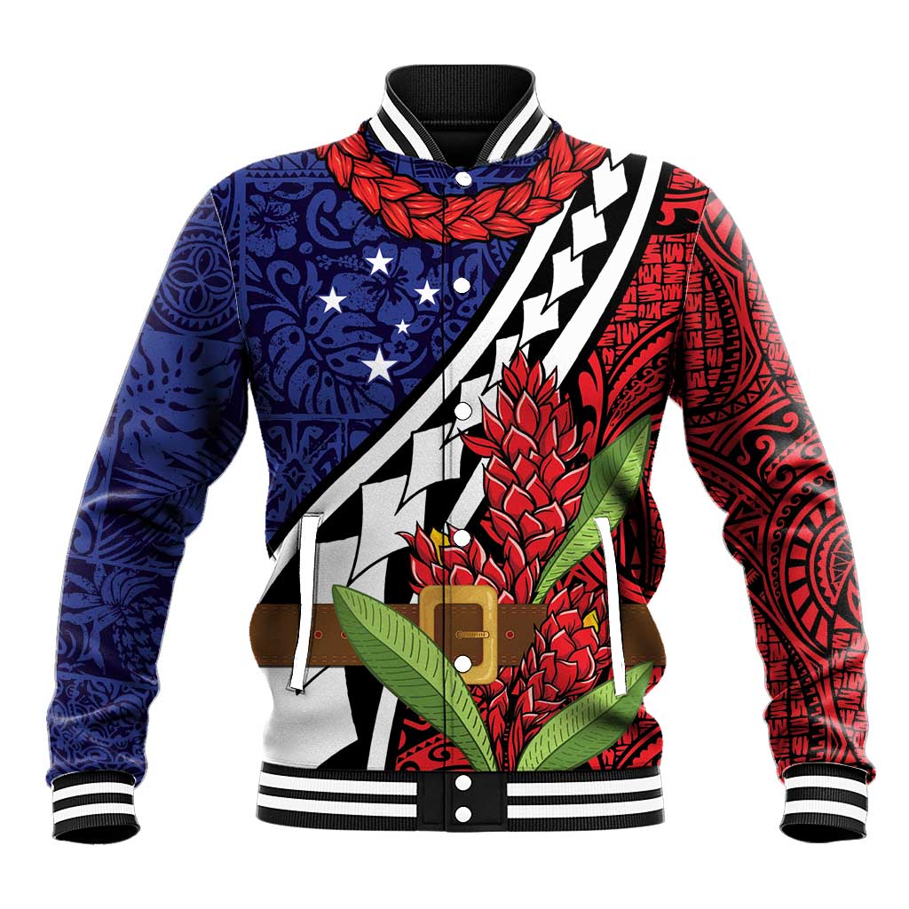 Samoan Ula Fala Flowers Baseball Jacket Christmas Santa Belt LT9 Unisex Red - Polynesian Pride