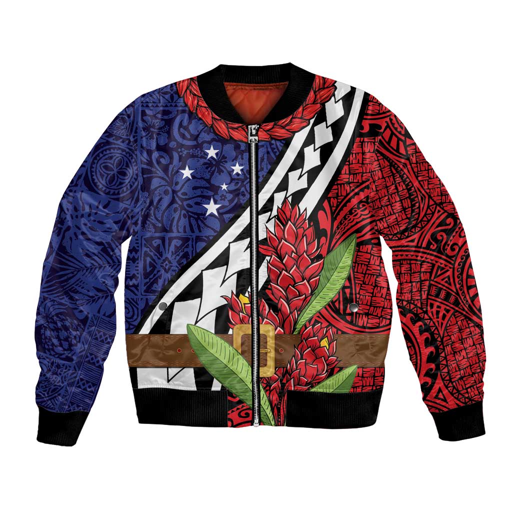 Samoan Ula Fala Flowers Bomber Jacket Christmas Santa Belt LT9 Unisex Red - Polynesian Pride