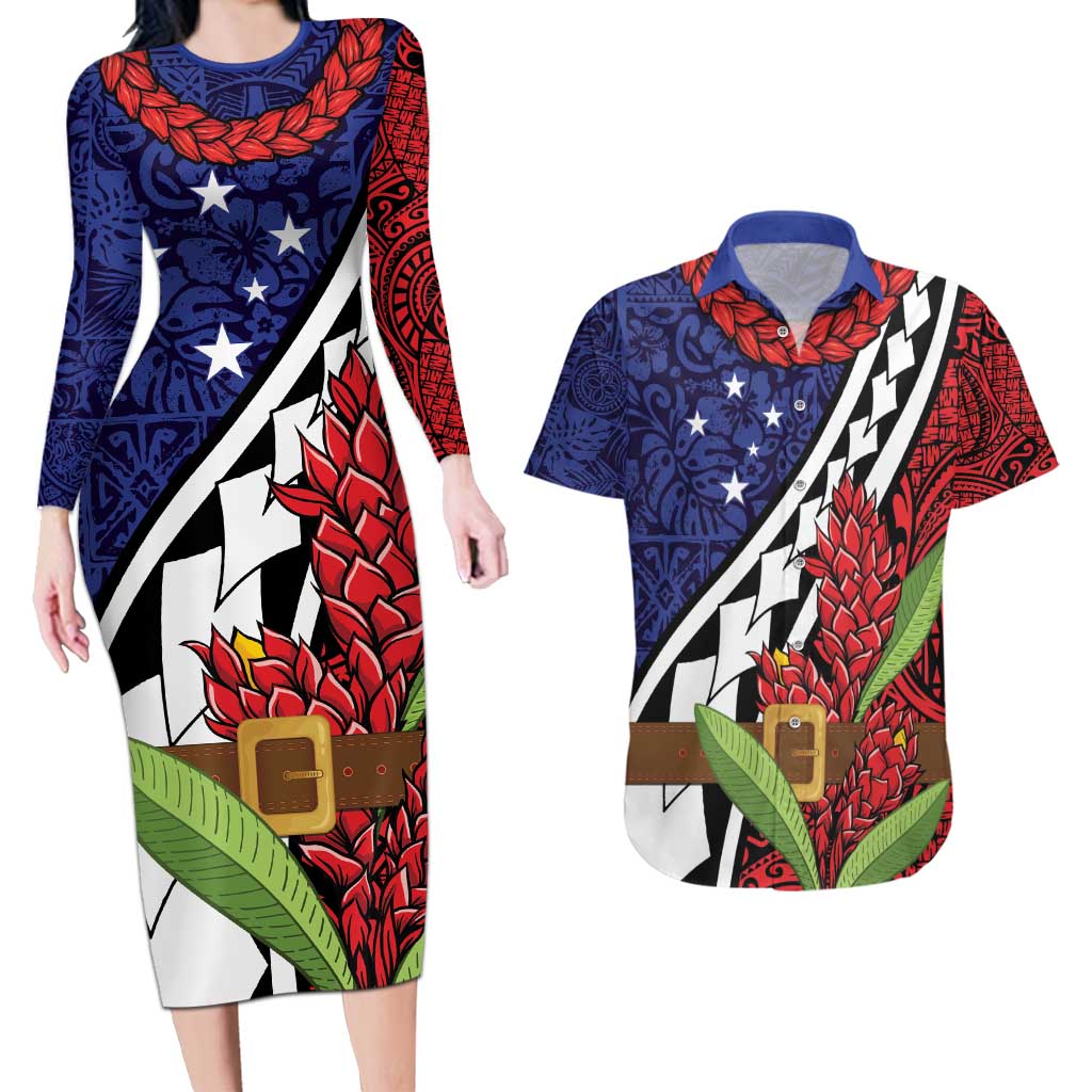 Samoan Ula Fala Flowers Couples Matching Long Sleeve Bodycon Dress and Hawaiian Shirt Christmas Santa Belt LT9 Red - Polynesian Pride