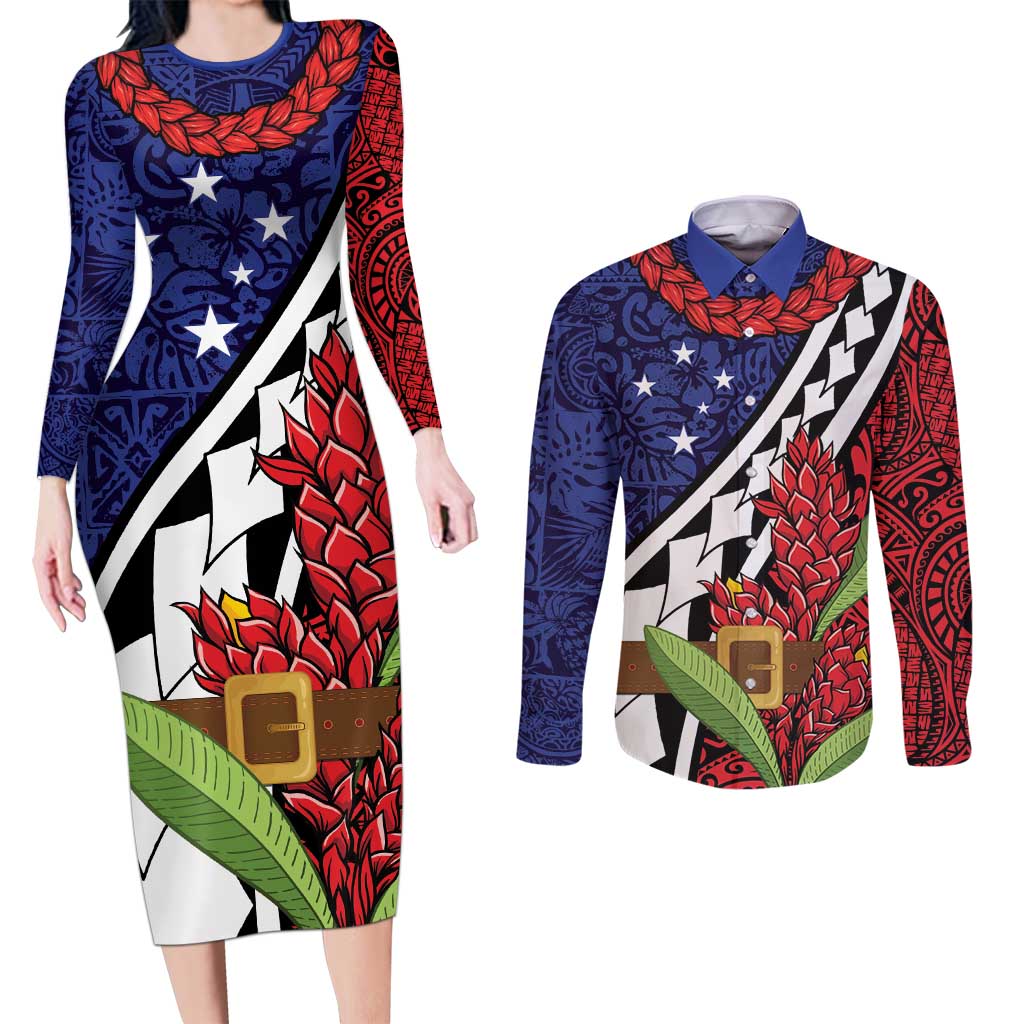 Samoan Ula Fala Flowers Couples Matching Long Sleeve Bodycon Dress and Long Sleeve Button Shirt Christmas Santa Belt LT9 Red - Polynesian Pride