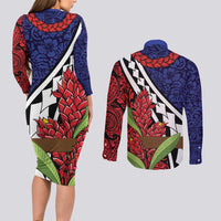 Samoan Ula Fala Flowers Couples Matching Long Sleeve Bodycon Dress and Long Sleeve Button Shirt Christmas Santa Belt LT9 - Polynesian Pride