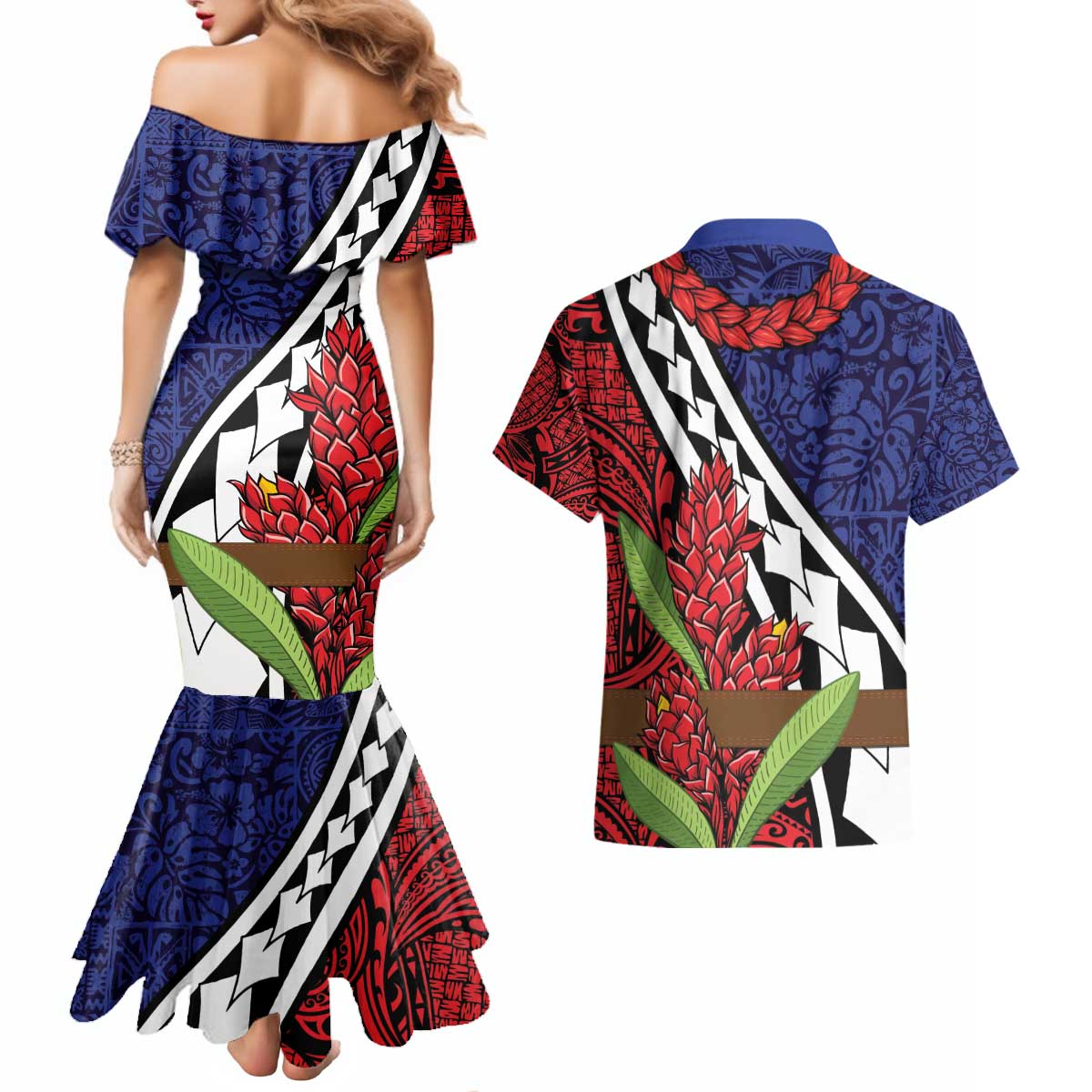Samoan Ula Fala Flowers Couples Matching Mermaid Dress and Hawaiian Shirt Christmas Santa Belt LT9 - Polynesian Pride