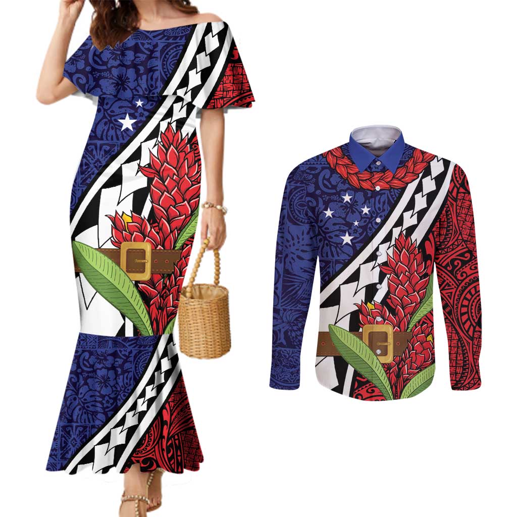 Samoan Ula Fala Flowers Couples Matching Mermaid Dress and Long Sleeve Button Shirt Christmas Santa Belt LT9 Red - Polynesian Pride