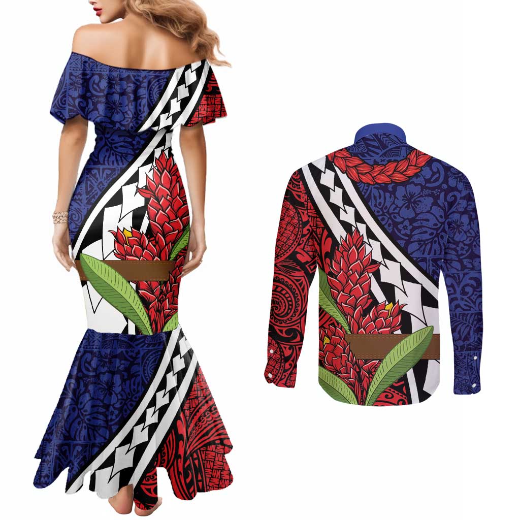 Samoan Ula Fala Flowers Couples Matching Mermaid Dress and Long Sleeve Button Shirt Christmas Santa Belt LT9 - Polynesian Pride