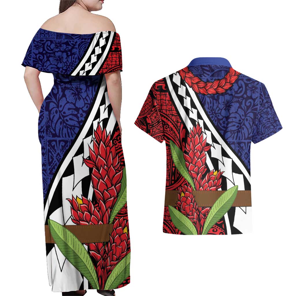Samoan Ula Fala Flowers Couples Matching Off Shoulder Maxi Dress and Hawaiian Shirt Christmas Santa Belt LT9 - Polynesian Pride
