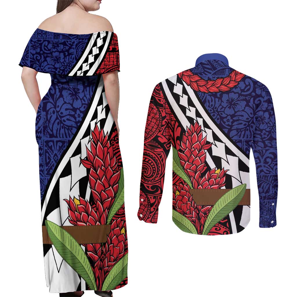 Samoan Ula Fala Flowers Couples Matching Off Shoulder Maxi Dress and Long Sleeve Button Shirt Christmas Santa Belt LT9 - Polynesian Pride