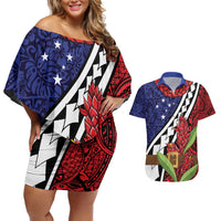 Samoan Ula Fala Flowers Couples Matching Off Shoulder Short Dress and Hawaiian Shirt Christmas Santa Belt LT9 Red - Polynesian Pride