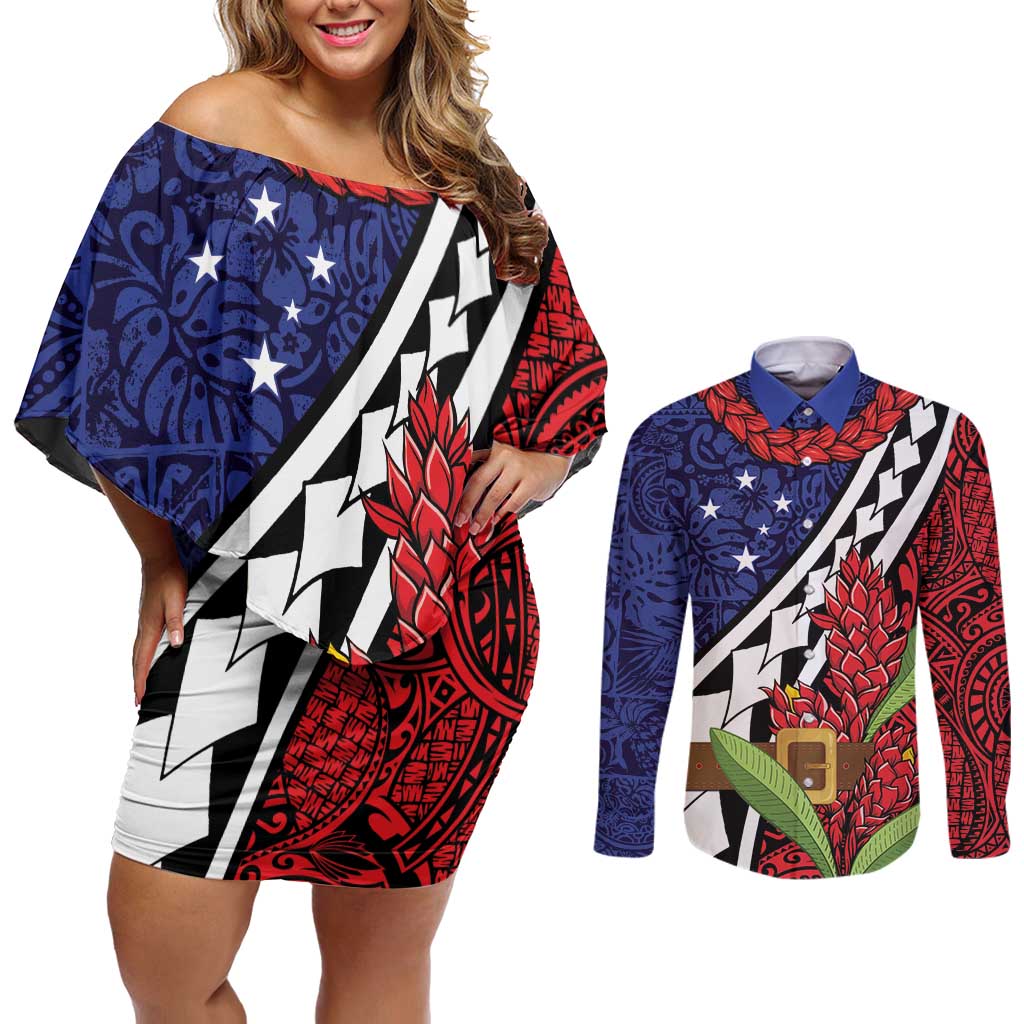 Samoan Ula Fala Flowers Couples Matching Off Shoulder Short Dress and Long Sleeve Button Shirt Christmas Santa Belt LT9 Red - Polynesian Pride