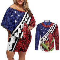 Samoan Ula Fala Flowers Couples Matching Off Shoulder Short Dress and Long Sleeve Button Shirt Christmas Santa Belt LT9 Red - Polynesian Pride