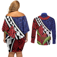 Samoan Ula Fala Flowers Couples Matching Off Shoulder Short Dress and Long Sleeve Button Shirt Christmas Santa Belt LT9 - Polynesian Pride