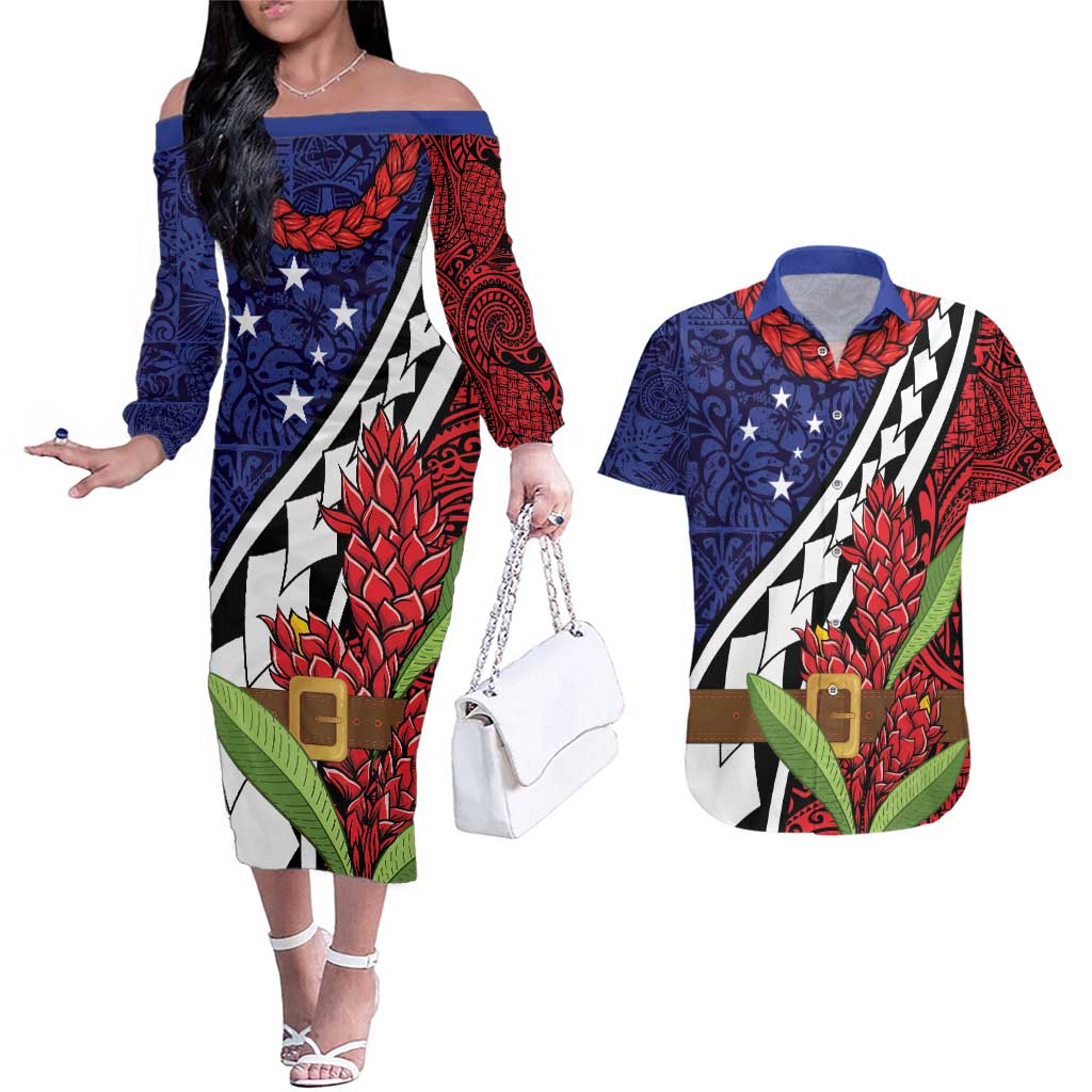 Samoan Ula Fala Flowers Couples Matching Off The Shoulder Long Sleeve Dress and Hawaiian Shirt Christmas Santa Belt LT9 Red - Polynesian Pride