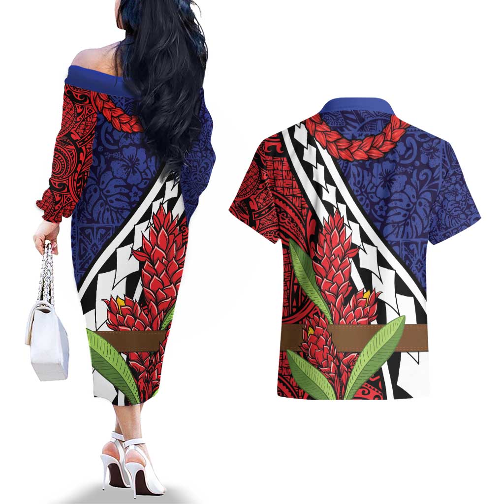Samoan Ula Fala Flowers Couples Matching Off The Shoulder Long Sleeve Dress and Hawaiian Shirt Christmas Santa Belt LT9 - Polynesian Pride