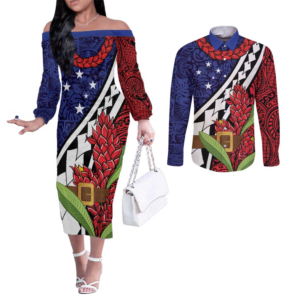 Samoan Ula Fala Flowers Couples Matching Off The Shoulder Long Sleeve Dress and Long Sleeve Button Shirt Christmas Santa Belt LT9 Red - Polynesian Pride