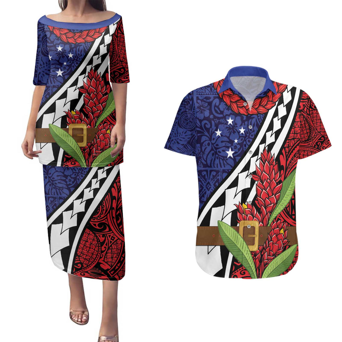 Samoan Ula Fala Flowers Couples Matching Puletasi and Hawaiian Shirt Christmas Santa Belt LT9 Red - Polynesian Pride