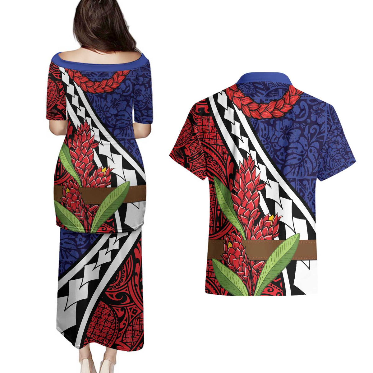 Samoan Ula Fala Flowers Couples Matching Puletasi and Hawaiian Shirt Christmas Santa Belt LT9 - Polynesian Pride