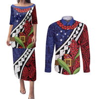 Samoan Ula Fala Flowers Couples Matching Puletasi and Long Sleeve Button Shirt Christmas Santa Belt LT9 Red - Polynesian Pride