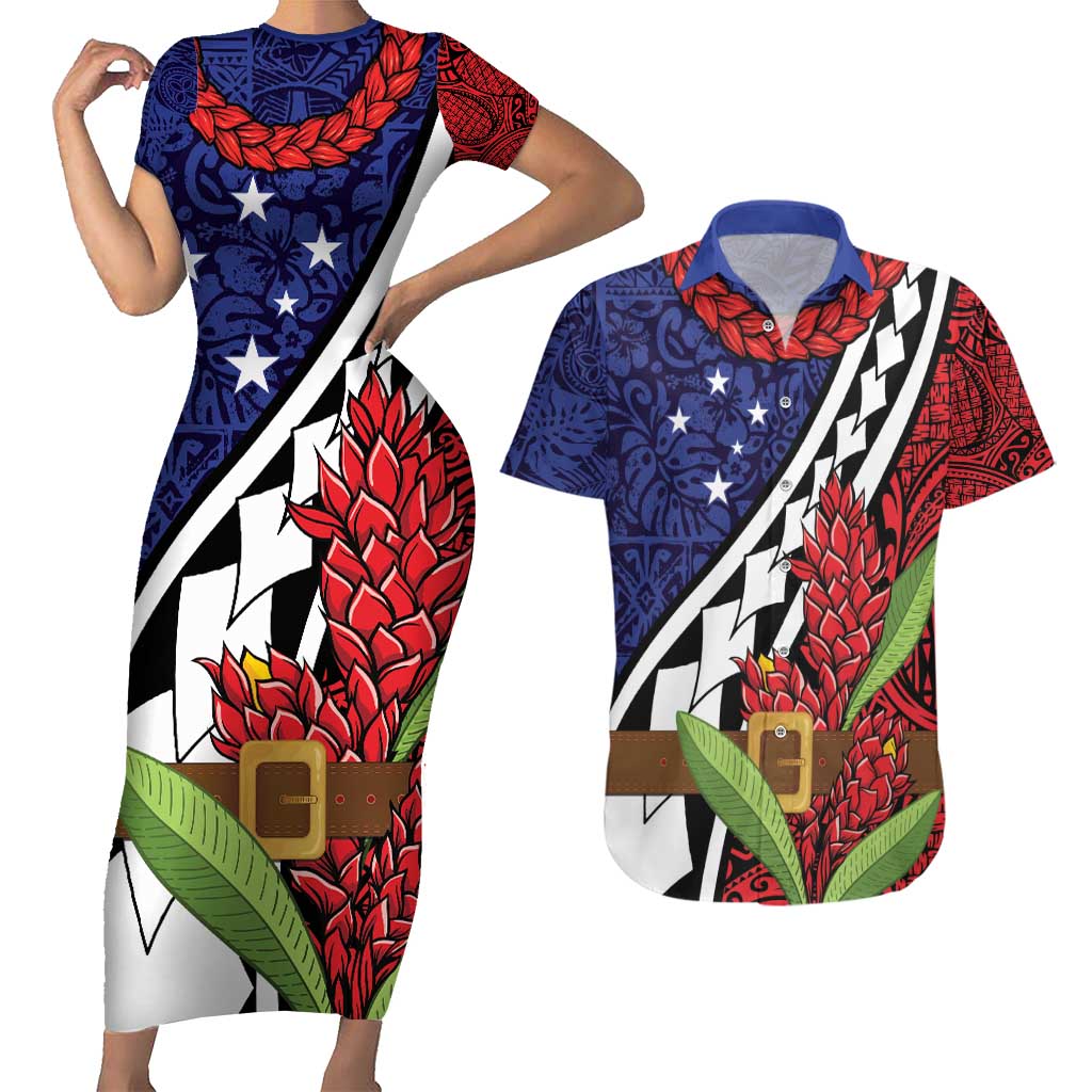 Samoan Ula Fala Flowers Couples Matching Short Sleeve Bodycon Dress and Hawaiian Shirt Christmas Santa Belt LT9 Red - Polynesian Pride