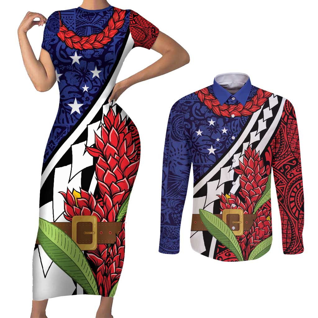 Samoan Ula Fala Flowers Couples Matching Short Sleeve Bodycon Dress and Long Sleeve Button Shirt Christmas Santa Belt LT9 Red - Polynesian Pride
