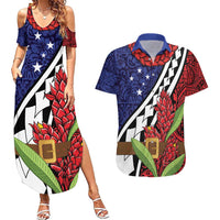 Samoan Ula Fala Flowers Couples Matching Summer Maxi Dress and Hawaiian Shirt Christmas Santa Belt LT9 Red - Polynesian Pride