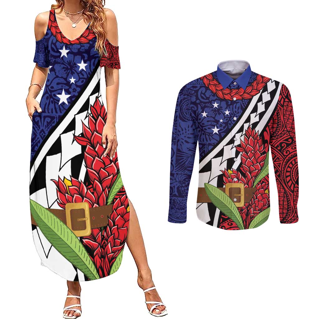Samoan Ula Fala Flowers Couples Matching Summer Maxi Dress and Long Sleeve Button Shirt Christmas Santa Belt LT9 Red - Polynesian Pride
