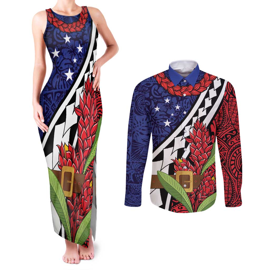 Samoan Ula Fala Flowers Couples Matching Tank Maxi Dress and Long Sleeve Button Shirt Christmas Santa Belt LT9 Red - Polynesian Pride
