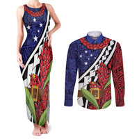 Samoan Ula Fala Flowers Couples Matching Tank Maxi Dress and Long Sleeve Button Shirt Christmas Santa Belt LT9 Red - Polynesian Pride