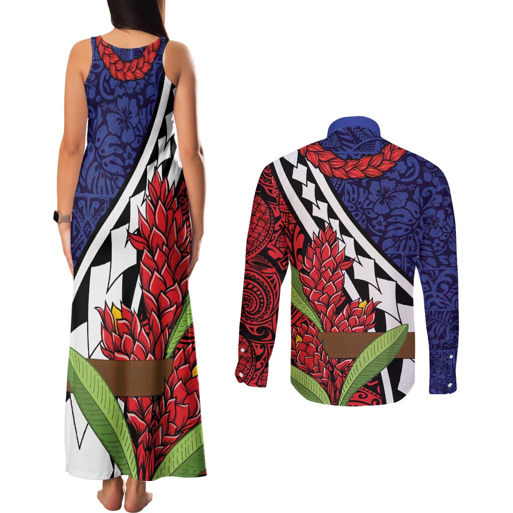 Samoan Ula Fala Flowers Couples Matching Tank Maxi Dress and Long Sleeve Button Shirt Christmas Santa Belt LT9 - Polynesian Pride