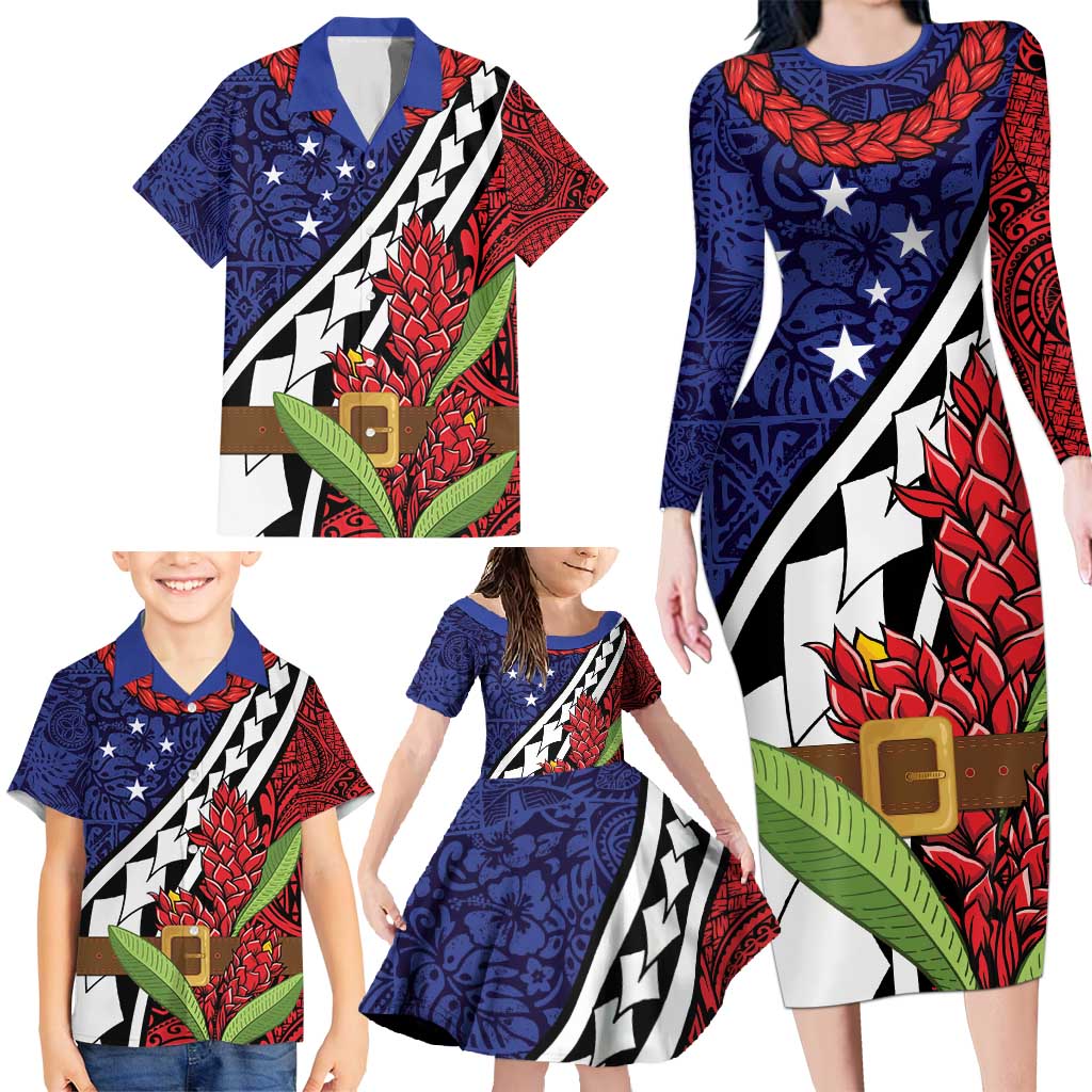 Samoan Ula Fala Flowers Family Matching Long Sleeve Bodycon Dress and Hawaiian Shirt Christmas Santa Belt LT9 - Polynesian Pride