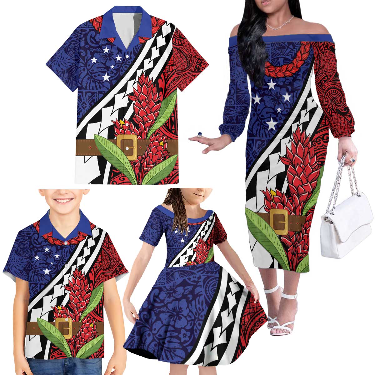 Samoan Ula Fala Flowers Family Matching Off The Shoulder Long Sleeve Dress and Hawaiian Shirt Christmas Santa Belt LT9 - Polynesian Pride