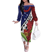 Samoan Ula Fala Flowers Family Matching Off The Shoulder Long Sleeve Dress and Hawaiian Shirt Christmas Santa Belt LT9 Mom's Dress Red - Polynesian Pride