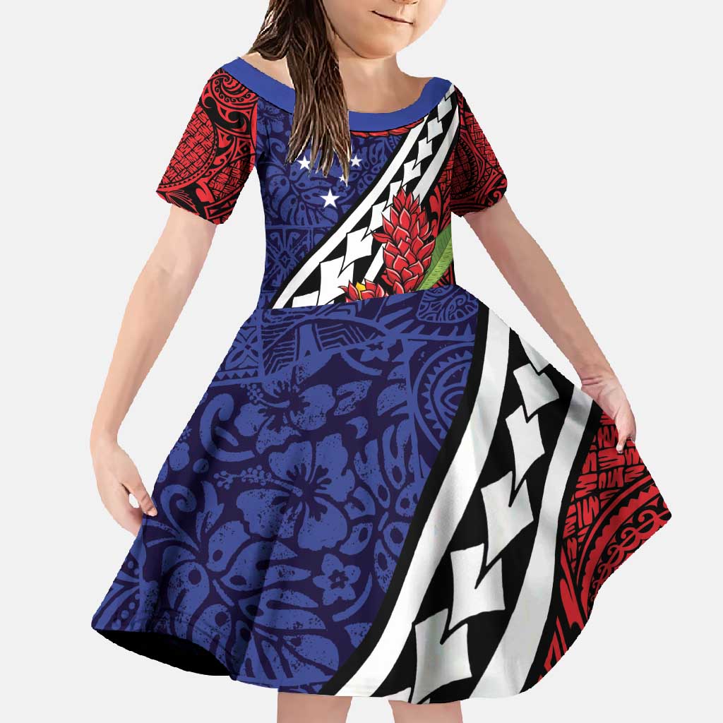 Samoan Ula Fala Flowers Family Matching Off Shoulder Maxi Dress and Hawaiian Shirt Christmas Santa Belt LT9 Daughter's Dress Red - Polynesian Pride