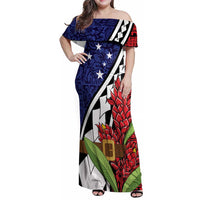 Samoan Ula Fala Flowers Family Matching Off Shoulder Maxi Dress and Hawaiian Shirt Christmas Santa Belt LT9 Mom's Dress Red - Polynesian Pride