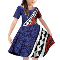 Samoan Ula Fala Flowers Family Matching Off Shoulder Short Dress and Hawaiian Shirt Christmas Santa Belt LT9 Daughter's Dress Red - Polynesian Pride