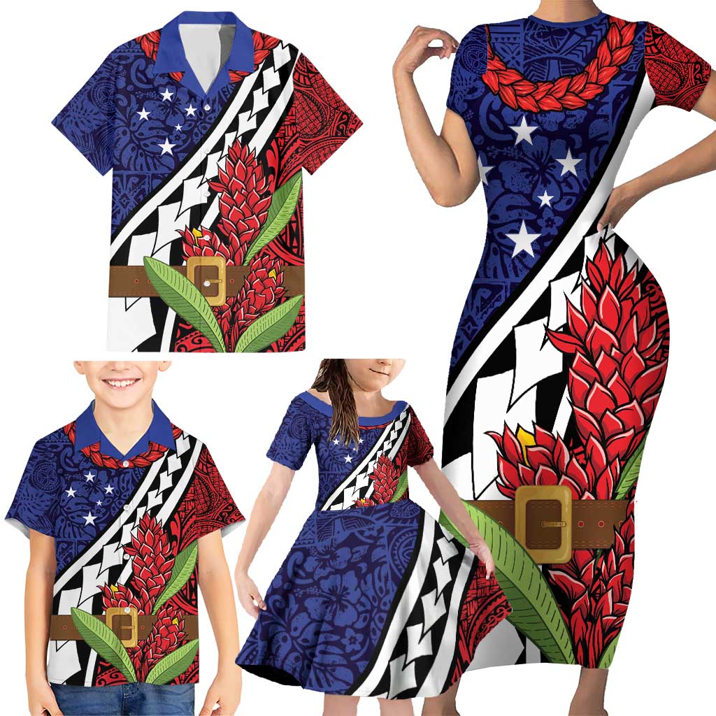 Samoan Ula Fala Flowers Family Matching Short Sleeve Bodycon Dress and Hawaiian Shirt Christmas Santa Belt LT9 - Polynesian Pride