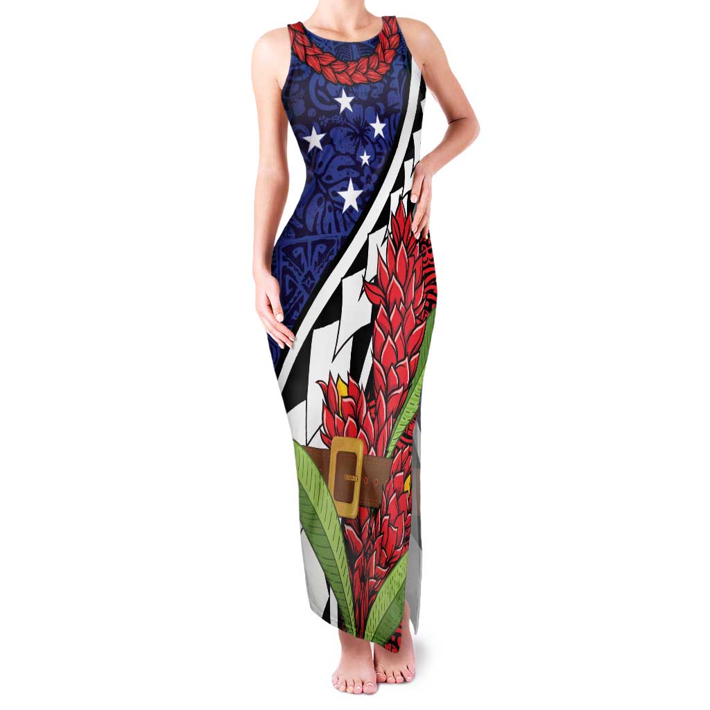 Samoan Ula Fala Flowers Family Matching Tank Maxi Dress and Hawaiian Shirt Christmas Santa Belt LT9 Mom's Dress Red - Polynesian Pride