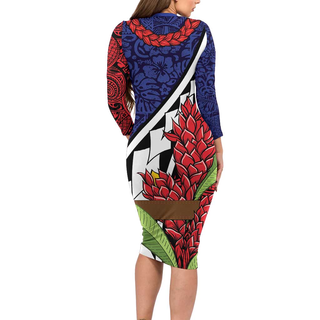 Samoan Ula Fala Flowers Long Sleeve Bodycon Dress Christmas Santa Belt LT9 - Polynesian Pride