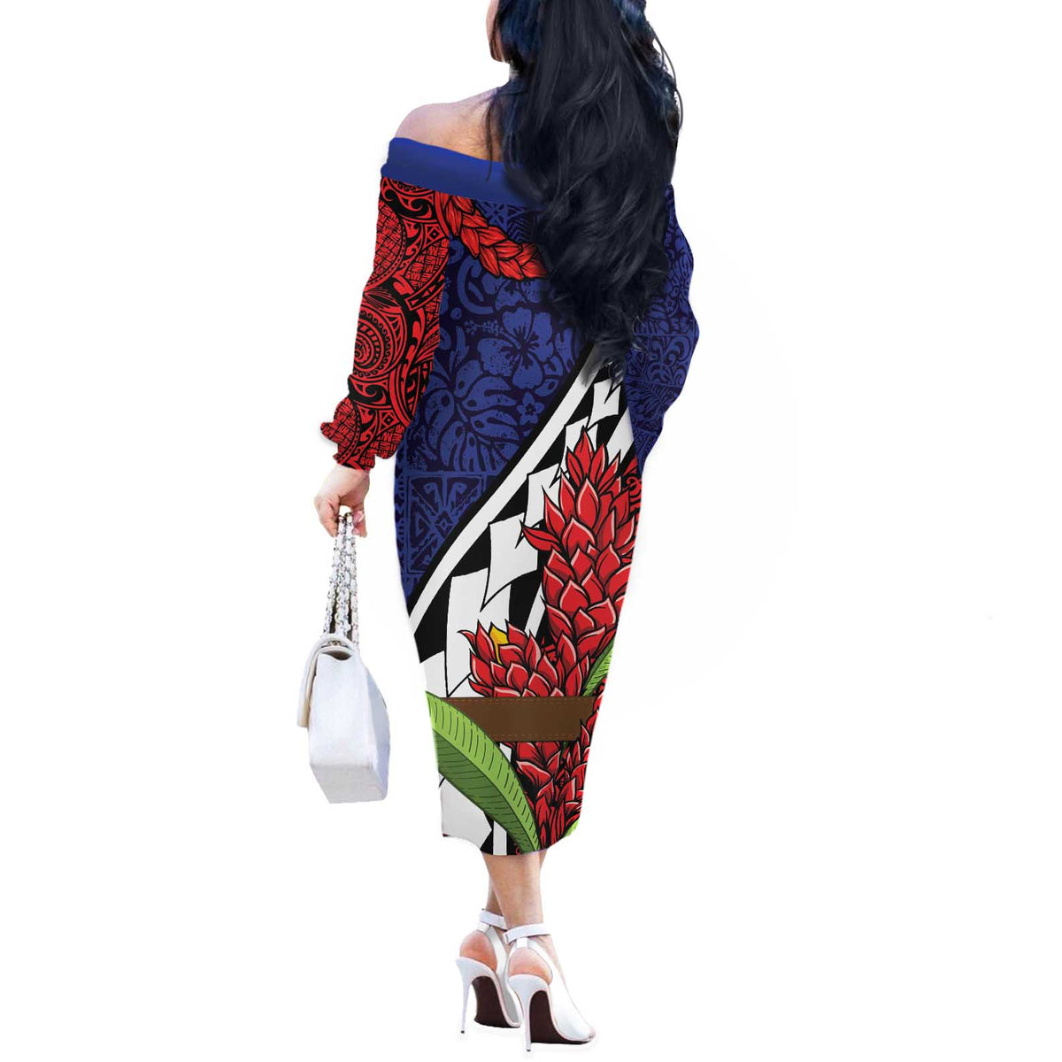 Samoan Ula Fala Flowers Off The Shoulder Long Sleeve Dress Christmas Santa Belt LT9 - Polynesian Pride