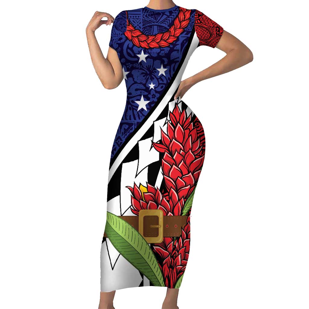 Samoan Ula Fala Flowers Short Sleeve Bodycon Dress Christmas Santa Belt LT9 Long Dress Red - Polynesian Pride