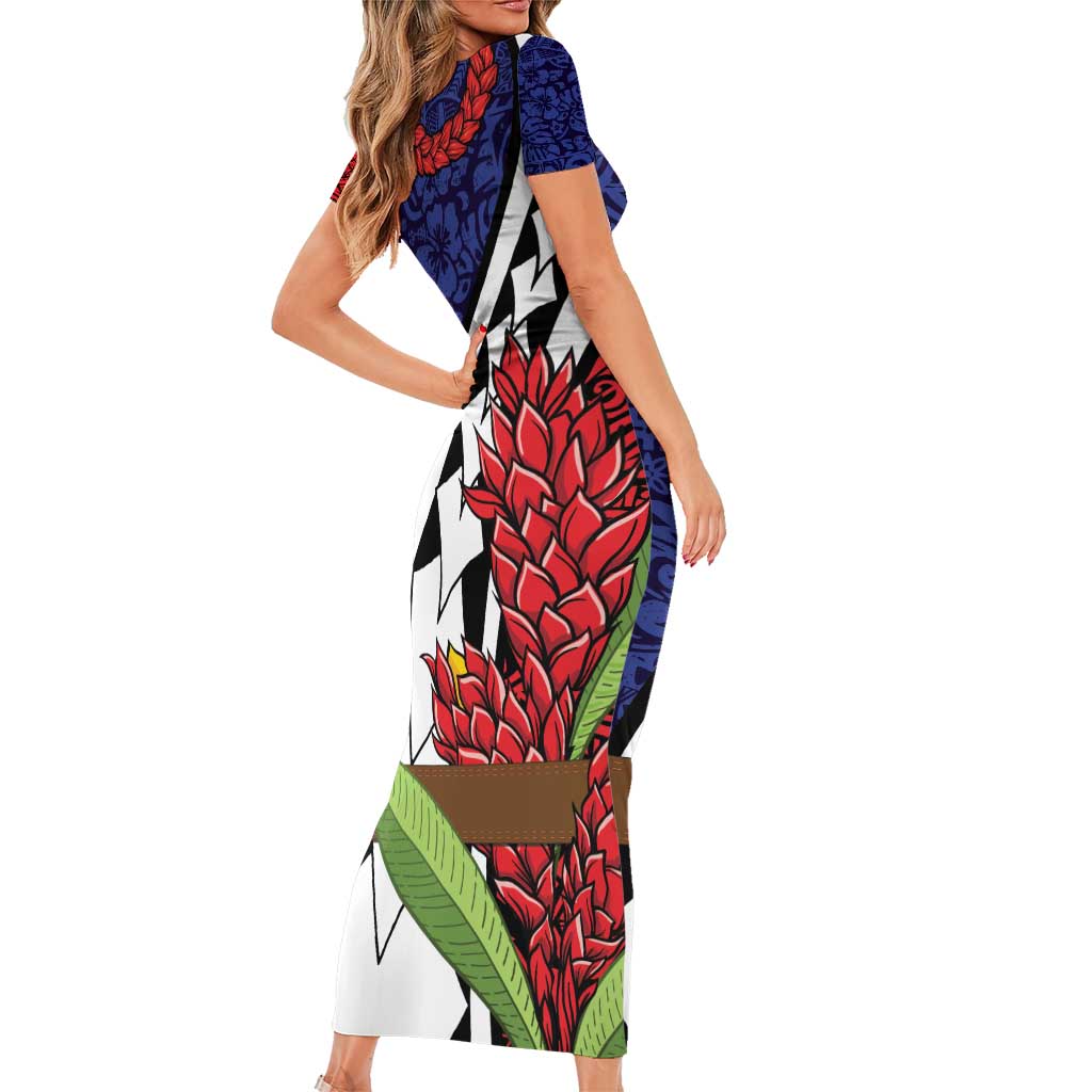 Samoan Ula Fala Flowers Short Sleeve Bodycon Dress Christmas Santa Belt LT9 - Polynesian Pride