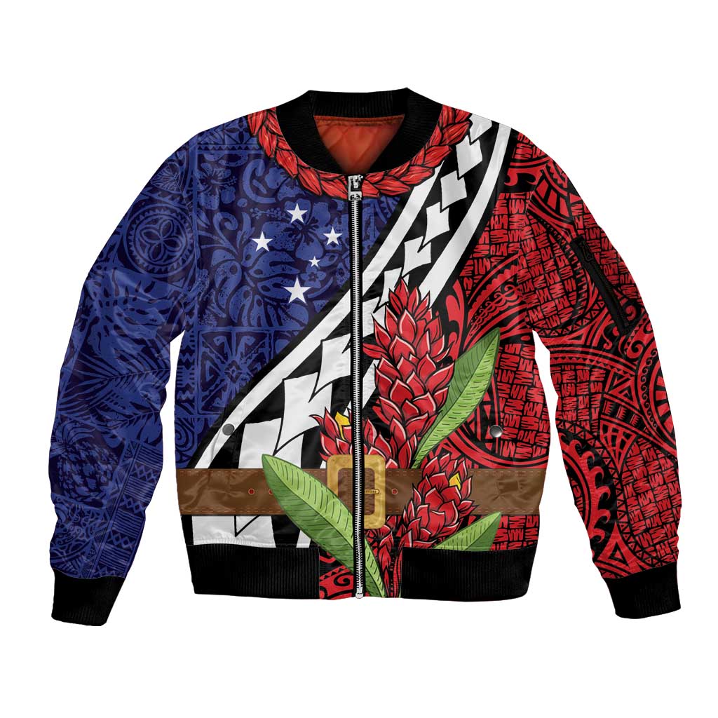 Samoan Ula Fala Flowers Sleeve Zip Bomber Jacket Christmas Santa Belt LT9 Unisex Red - Polynesian Pride