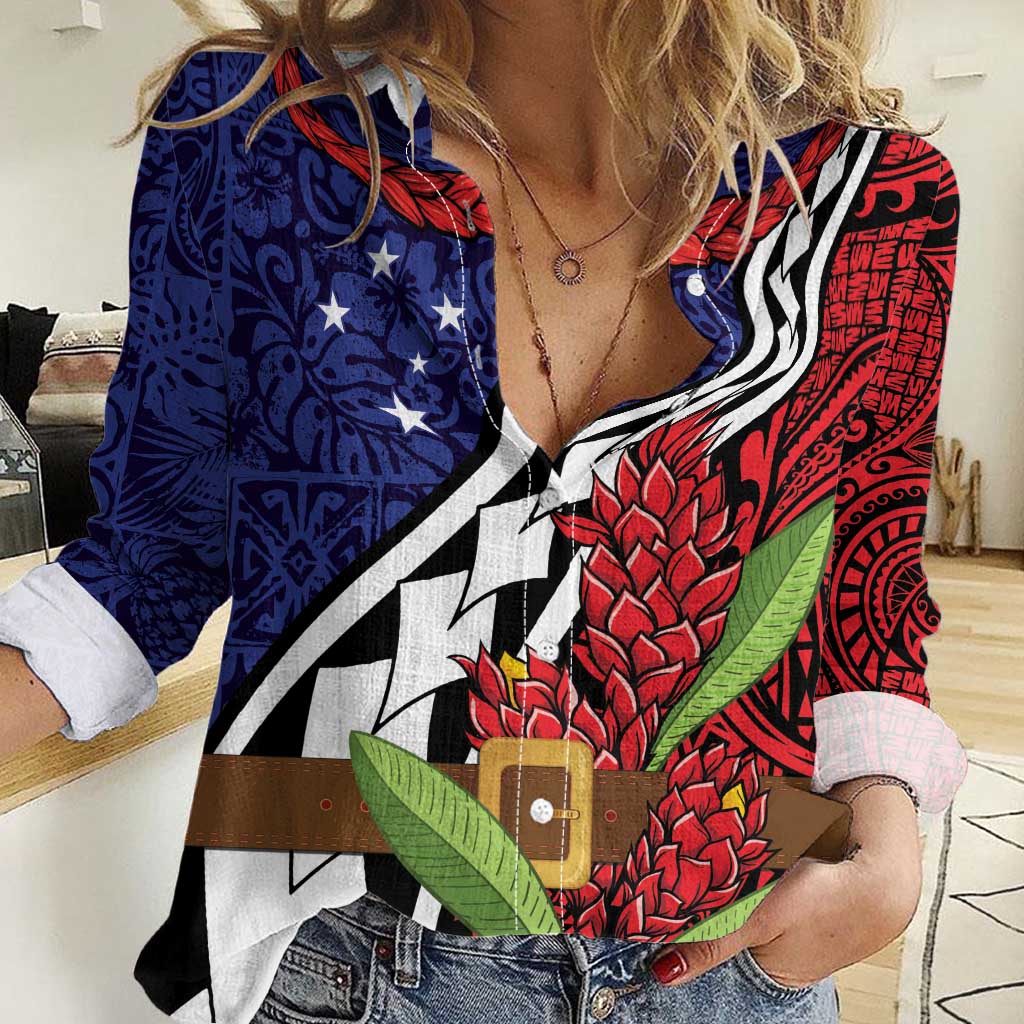 Samoan Ula Fala Flowers Women Casual Shirt Christmas Santa Belt LT9 Female Red - Polynesian Pride