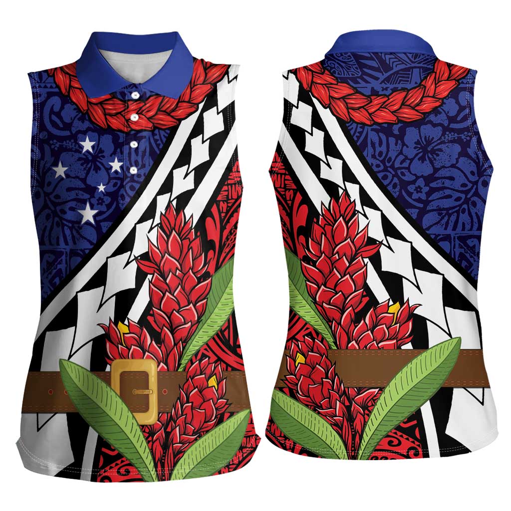 Samoan Ula Fala Flowers Women Sleeveless Polo Shirt Christmas Santa Belt LT9 - Polynesian Pride