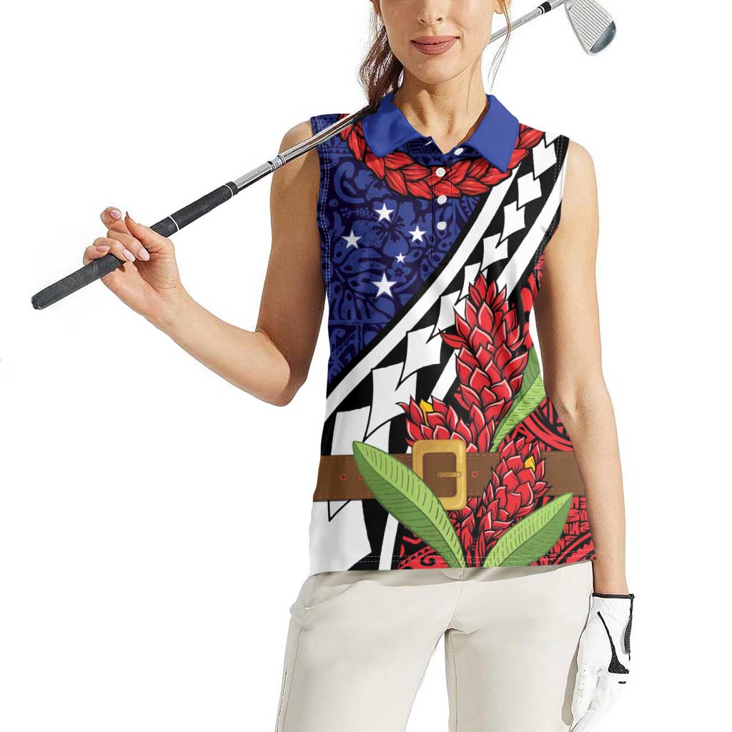 Samoan Ula Fala Flowers Women Sleeveless Polo Shirt Christmas Santa Belt LT9 - Polynesian Pride