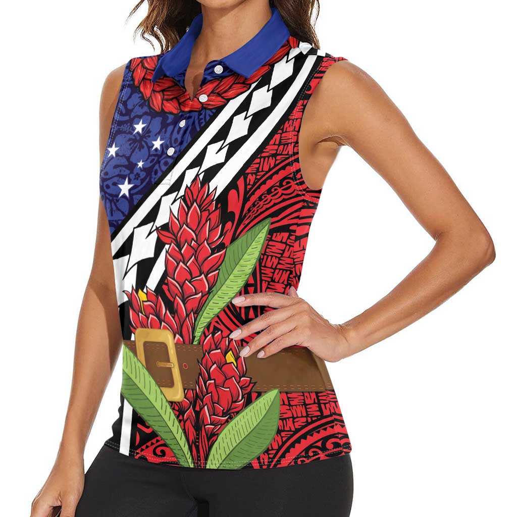 Samoan Ula Fala Flowers Women Sleeveless Polo Shirt Christmas Santa Belt LT9 - Polynesian Pride