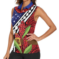 Samoan Ula Fala Flowers Women Sleeveless Polo Shirt Christmas Santa Belt LT9 - Polynesian Pride