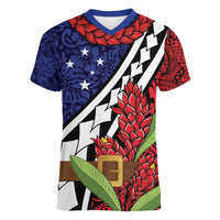 Samoan Ula Fala Flowers Women V-Neck T-Shirt Christmas Santa Belt LT9 Female Red - Polynesian Pride