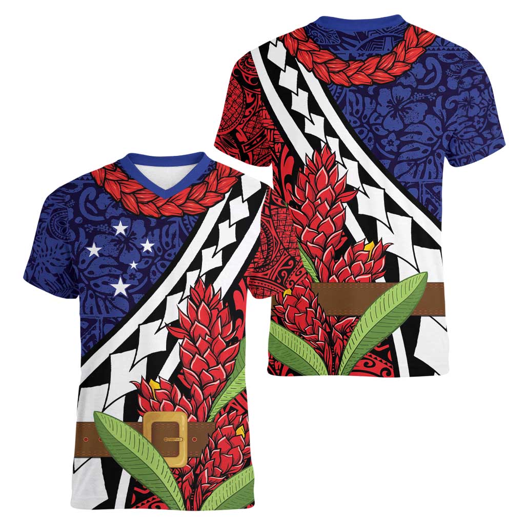 Samoan Ula Fala Flowers Women V-Neck T-Shirt Christmas Santa Belt LT9 - Polynesian Pride